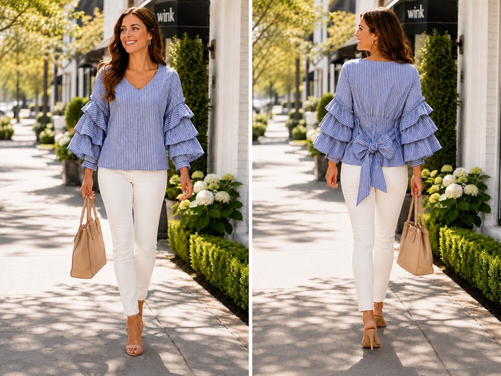White House Black Market Size 8 Blue Stripe Ruffle Sleeve Bow Back Blouse